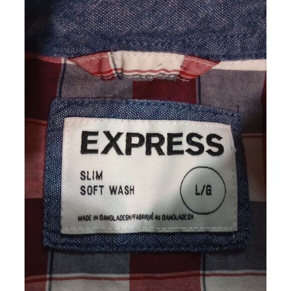 Express Shirt Mens Large Red White Gray Plaid Button Down Slim Fit Soft Wash - Picture 7 of 9